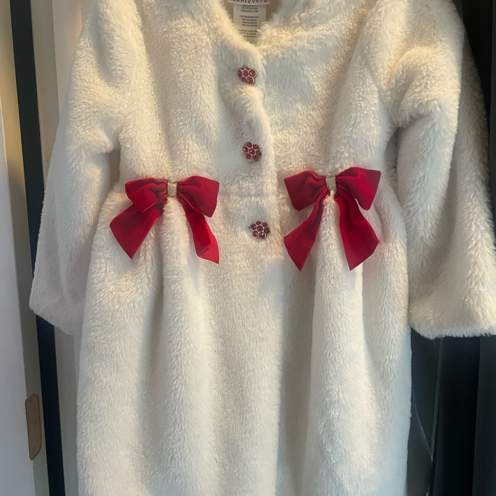 Blueberi Boulevard White Fuzzy Coat with Red Accents - Picture 5 of 13